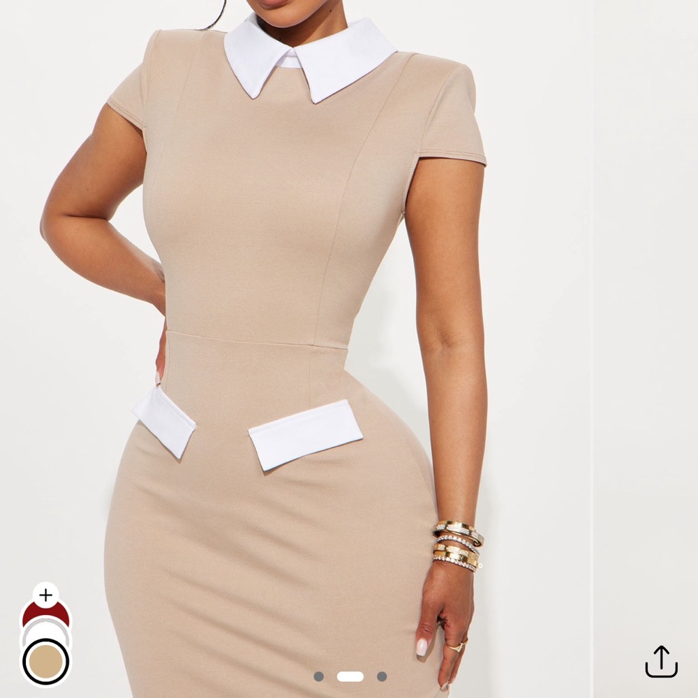 Elegant Tan Dress with White Accents